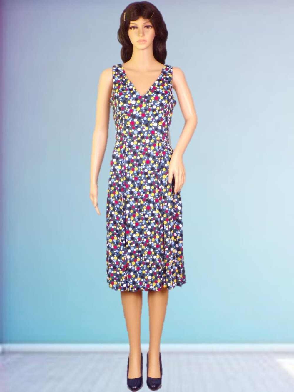ANNE KLEIN size 2 multicolor polka-dot sleeveless fit/flare dress 100% polyester